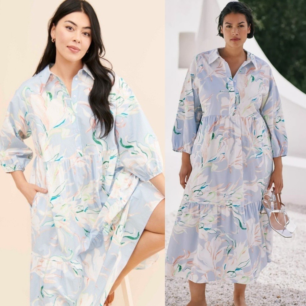 Anthropologie Maeve The Bettina Tiered Shirt Midi Dress 2X Blue Floral